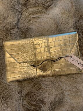 Jj Winters Metallic Gold Croc-Embossed Envelope Clutch